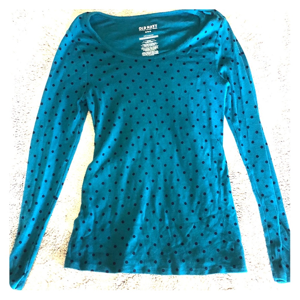 Blue w/ black polka dot knit top